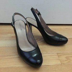 Tahari Kristen Black Leather Cap Toe Sling Back Heels Size 6